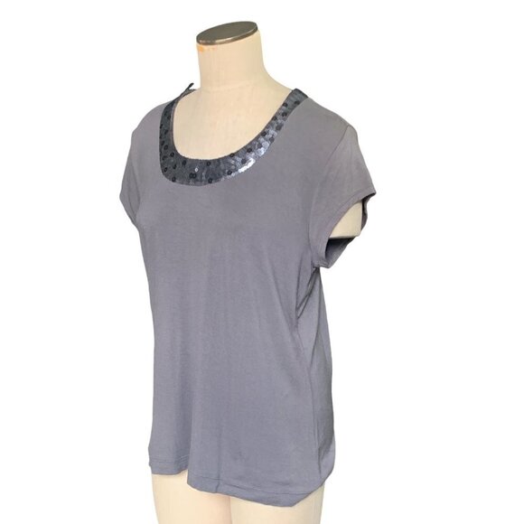 Chico's Sequin Neck Top Sz 2 L/12 Gray #140C - Picture 3 of 9